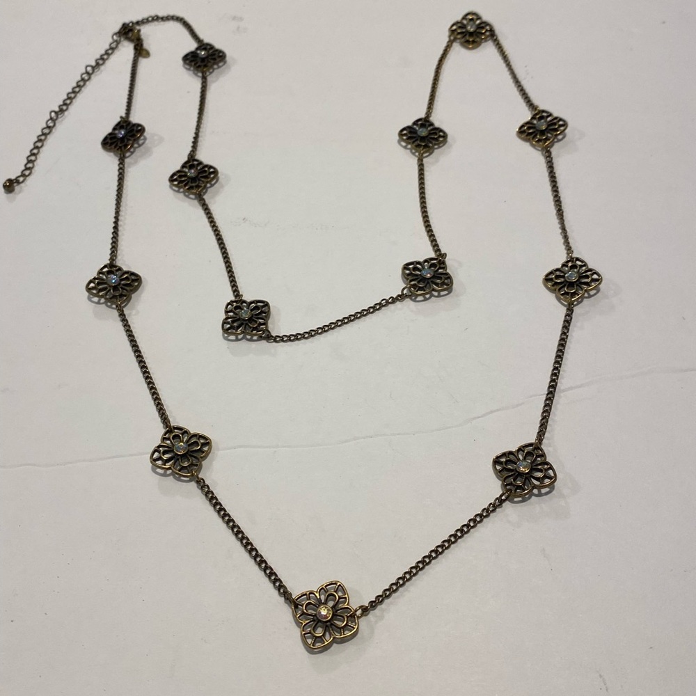 Vintage antique, gold brass premier design necklace with crystals. 36” length